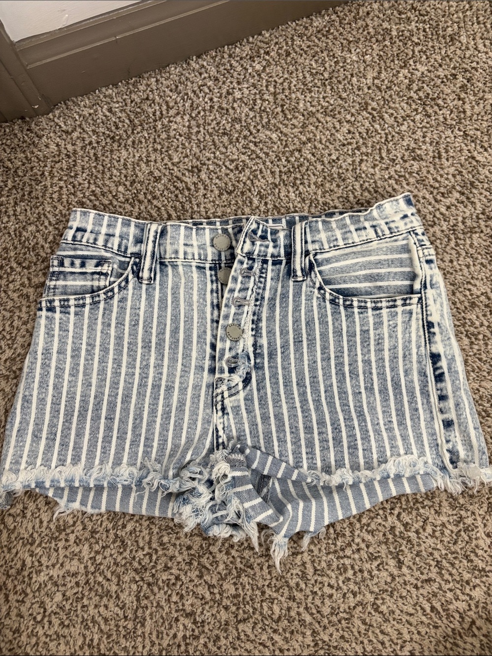 KanCan Vertical Striped High-Waist Denim Shorts in Light Blue and White